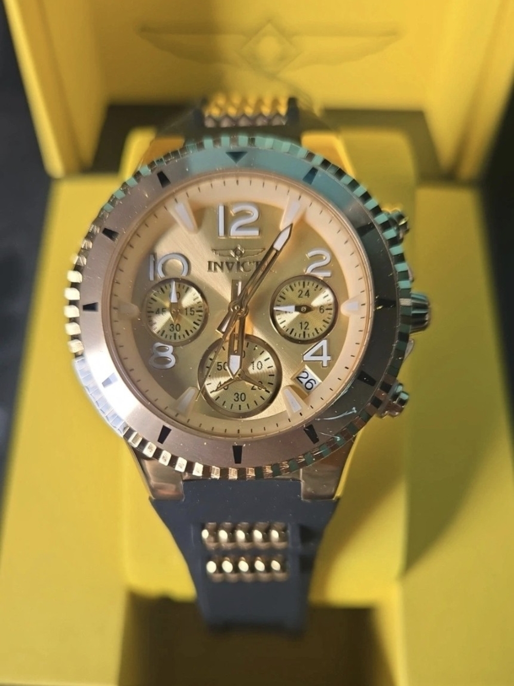 36909 Invicta Blu Gold Dial Black Strap Unisex Watch 39mm